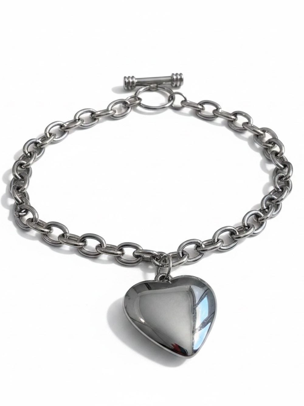 Silver-Tone Chunky Chain Bracelet with Puffed Heart Charm & Toggle Clasp